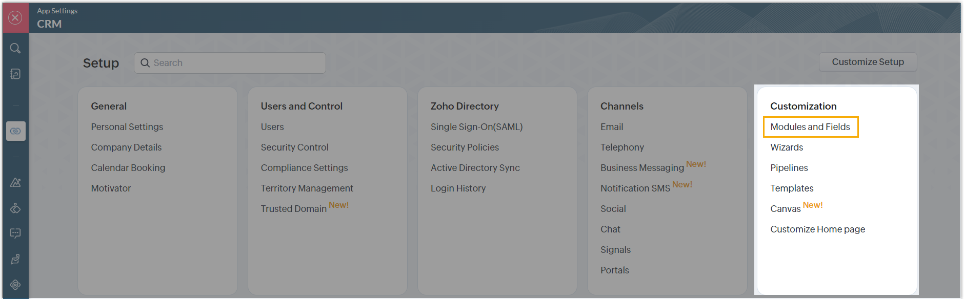 Modules and Fields option within the Customization section
