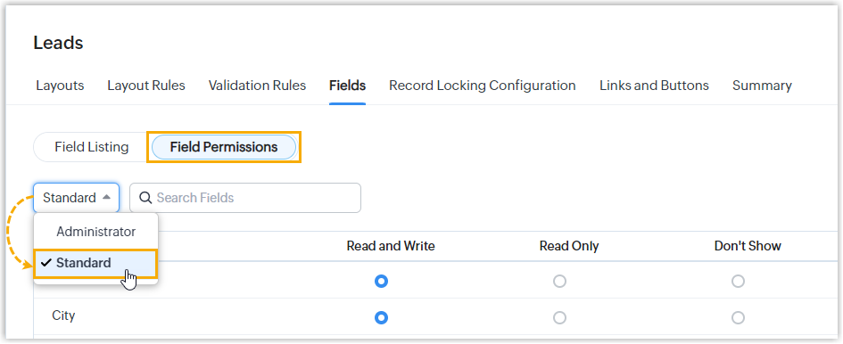 Field Permissions tab with the Standard profile selected