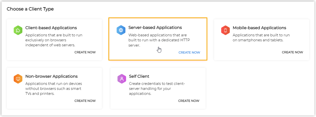 Zoho client type selection with Server-based Applications highlighted