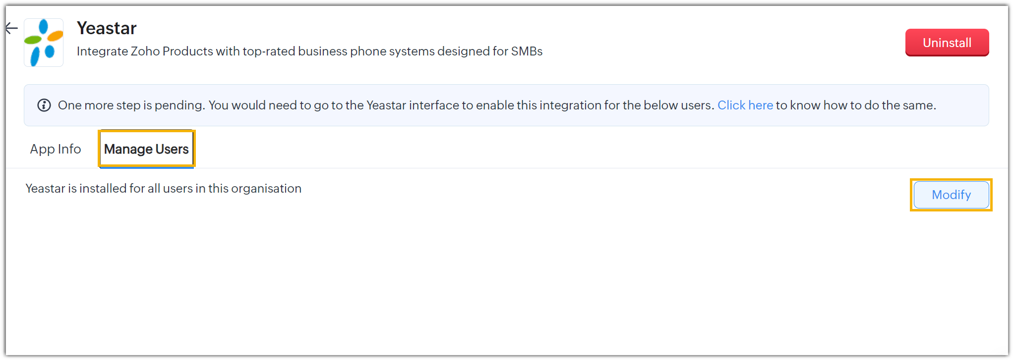 Cloud Voice, the Modify option for adjusting user access after install